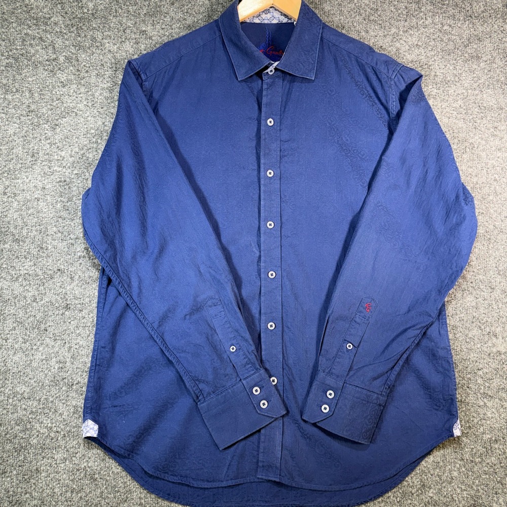 Robert Graham Classic Fit Button Front Shirt Mens L Blue Paisley Jacquard Cotton